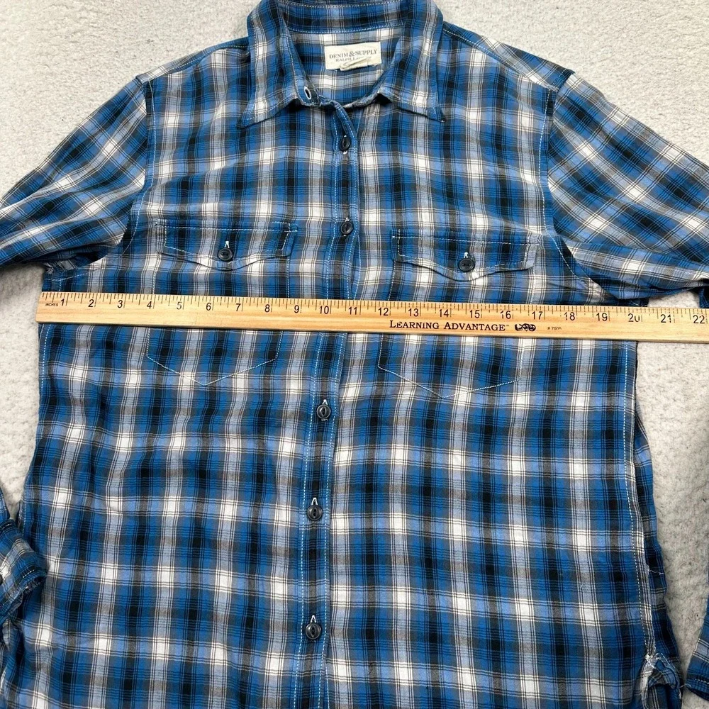 Vintage Denim & Supply‎ Ralph Lauren Shirt Womens Medium Button Front Plaid Blue